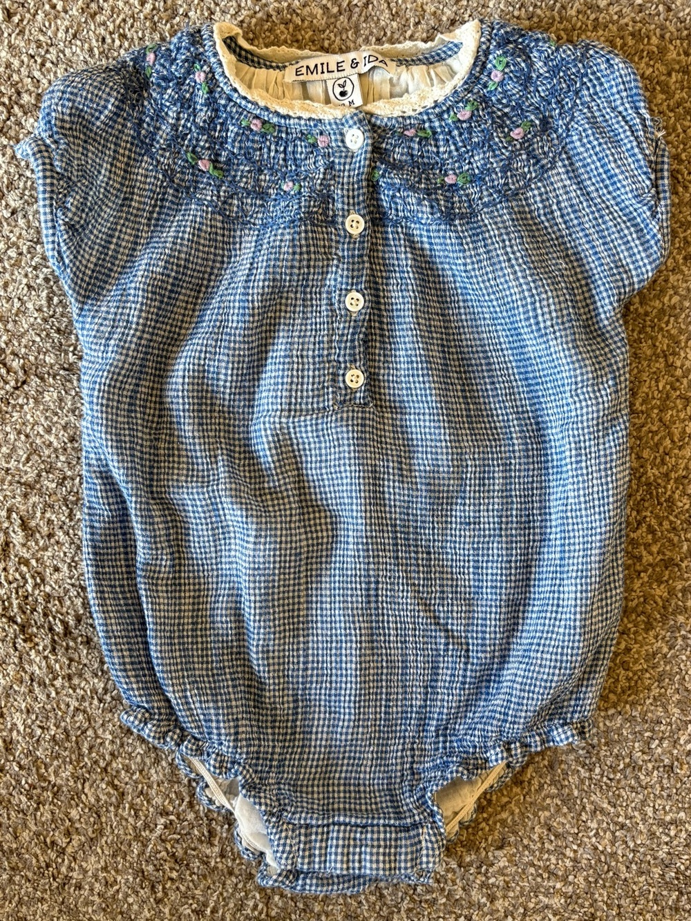 Emile et Ida Blue Gingham Smocked Collar Baby One-Piece